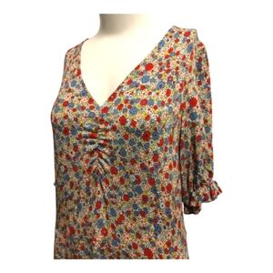 Boden midi jersey dress pockets floral red blue v-neck A-line